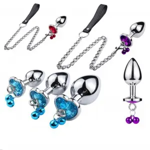 Heart Shaped Butt Plug Metal Jeweled Anal Plug with Bell
